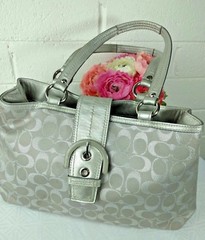 COACH TOTE SILVER SIGNATURE C JACQUARD/ LEATHER No. F18912 SATCHEL HANDBAG