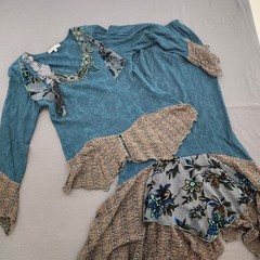 Blue Floral Bohemian Long Sleeve Lace Trim Top and Skirt Unique Design