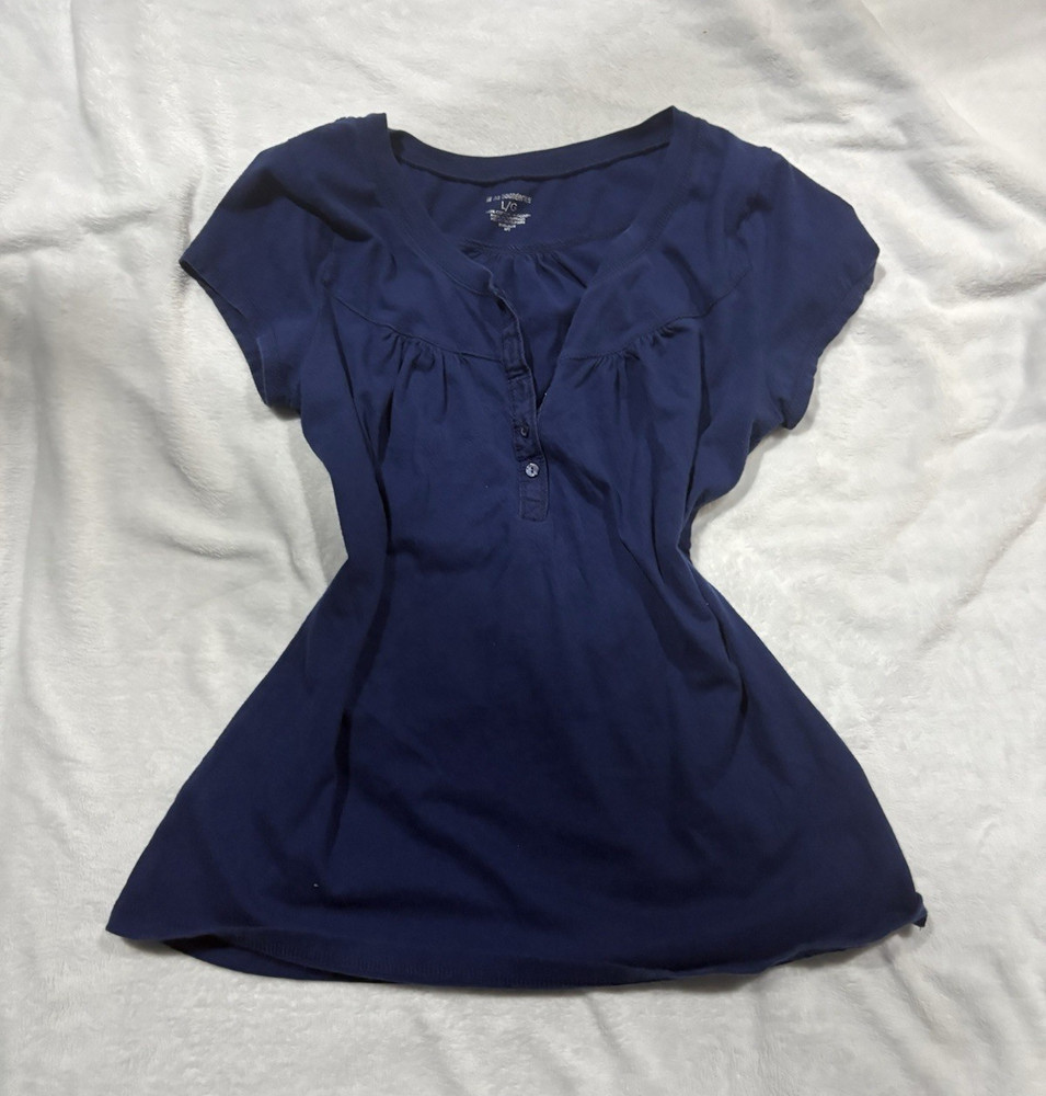 No Boundaries Women’s Solid Knit Cotton Henley Top Button Scoop Neck L/G Y2K