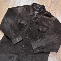 Vintage Claiborne Shirt Mens XL Brown Genuine Leather Button Up Shacket Pockets