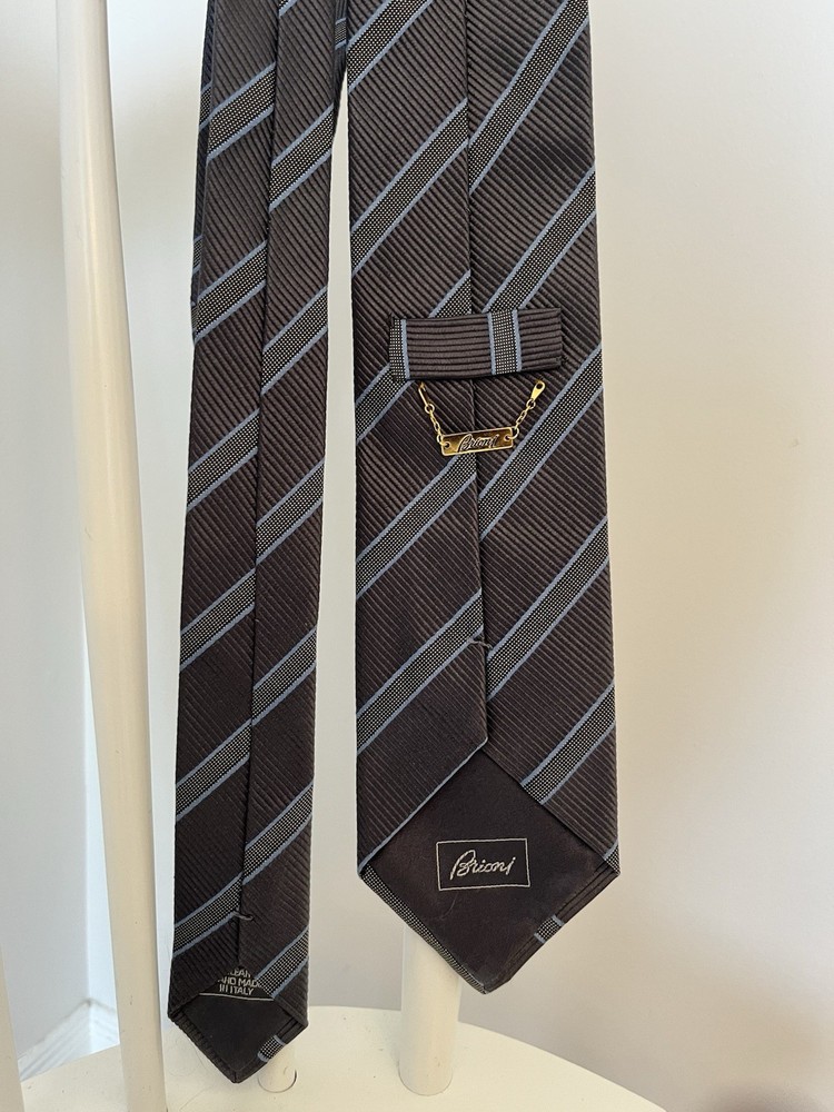 Brioni 100% Silk Tie Handmade Italy Gray Blue Striped Luxury Designer Necktie