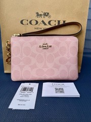 NWT COACH CEF72 Corner Zip Wristlet Signature Canvas with Charm Gold Powder Pink