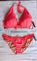 Victorias Secret Swim 2pc Set Riffled Edge 38C Halter Top/Large Ruched Cheeky