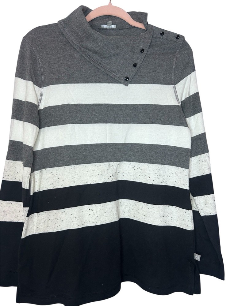 T By Talbots Women’s Size Medium Black White Grey Stripped Long Sleeve Cowl Neck