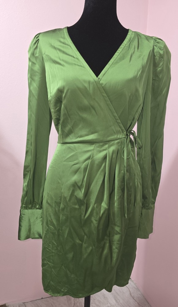 Abercrombie & Fitch Green Satin Wrap V-Neck Tie Waist Puff Long Sleeve Dress S