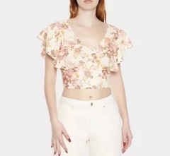 Forever 21 Floral V-Neck Ruffle Sleeve Crop Top – Pink & Cream