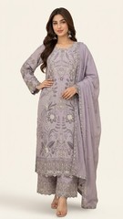 Women Lavender Embroidered Silk 3 Piece Suit-Chiffon Dupatta-Pakistani Ethnic