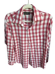 Vintage Humphrey House Van Heusen Plaid Button Up Shirt Red White Preppy 15.5×32
