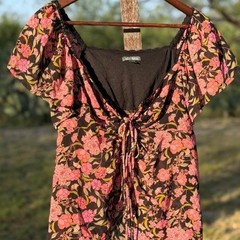 Wild Fable pink floral blouse with tie front and ruffle neckline