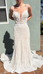 Atelier House Ivory Lace Fit and Flare Wedding Dress Plunging Neckline Train
