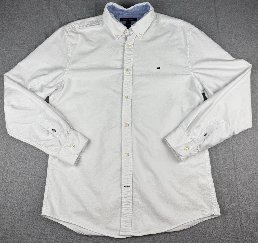 Tommy Hilfiger Custom Fit White Button Down Shirt Mens Large Logo Cotton