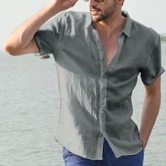 Men’s Summer Cotton Linen Short Sleeve Shirt Casual Solid Button-Down free shipp