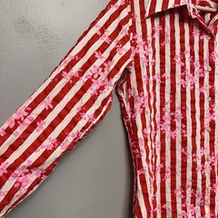 VTG Women’s Red & White Striped Blouse W/ Pink Floral Pattern Size 13/14