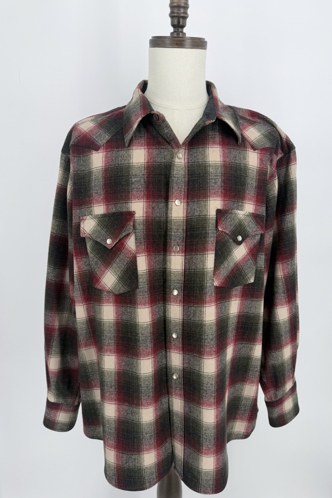 VTG Pendleton Western Wear Pearl Snap Wool Plaid Flannel Shirt Sz XL Cowboy
