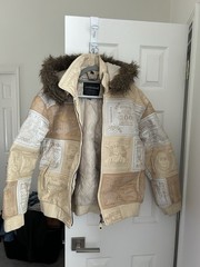 Tanners Avenue Men’s Leather Bomber Jacket Money Pattern Hood Faux Fur XL