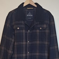 Prana Pinnacle Wool Blend Shirt Jacket Mens XXL Brown black Plaid Sherpa Collar