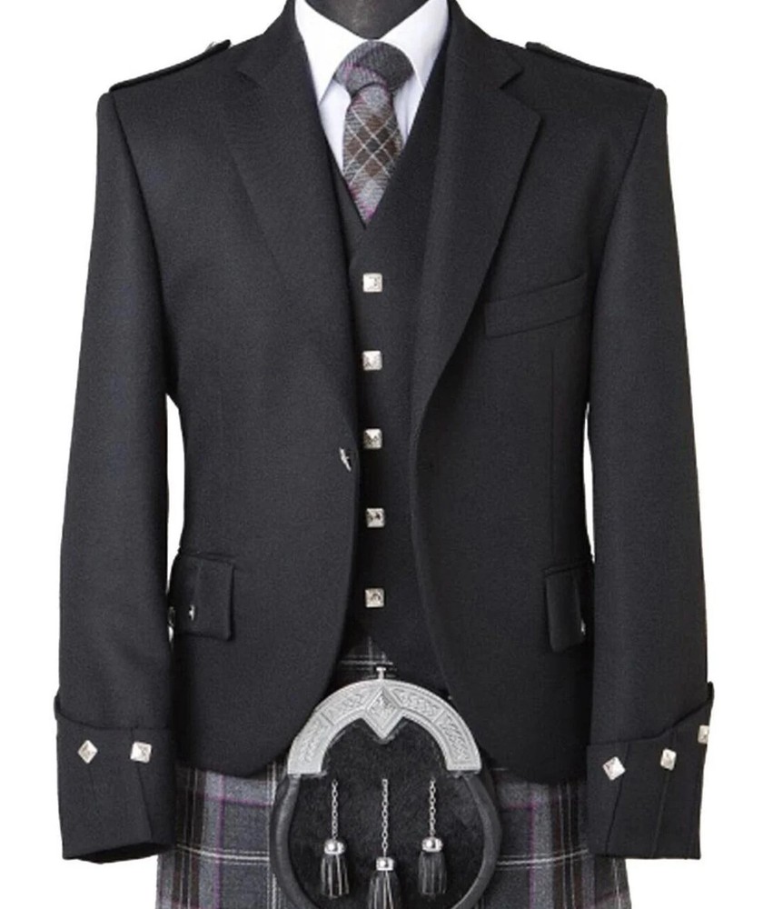 Men’s Black Argyle kilt jacket with vest wedding jacket/ chest 34” to 54” inch