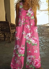 Women Sleeveless Wide Leg Jumpsuit Floral Print Loose Pocket Long Overall Romper