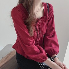 Sweet and cute puff sleeve tie shirt