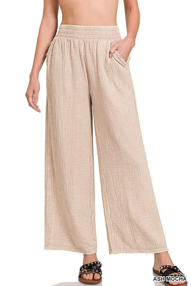 ZENANA ASH MOCHA WASHED DOUBLE GAUZE FRAYED HEM ELASTIC WAIST PANTS