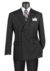 Black Vinci Men’s Wool Feel 6 Button Striped Double Breasted Classic Fit Suit