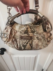 Y2K GUESS Monogram Snakeskin Print Shoulder Bag Purse Brown Beige Logo Handbag