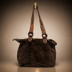 GENUINE LEATHER SUEDE Brown Vintage Shoulder Bag w/Snake skin and Gold Hardware