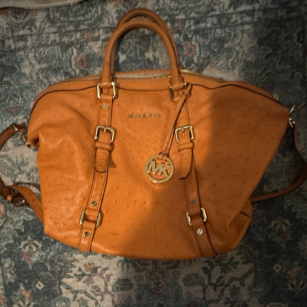 Michael Kors Brown Satchel Top Handle Bag Zip Closure Strap Charm Gold Hardware