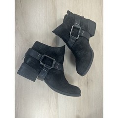Black Textured Moto Ankle Boots Size 7 Harness Buckle Studded Back Zip Festival