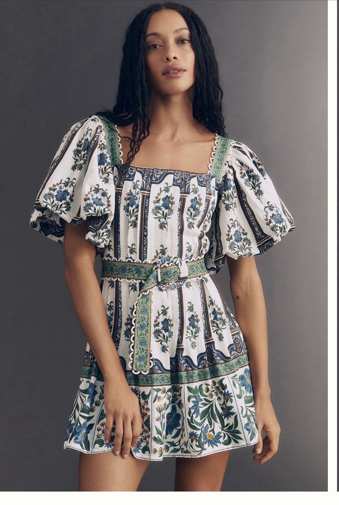 Farm Rio XS White Blue Green Floral Mini Dress Square Neck Puff Sleeve Belt