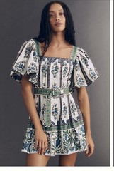 Farm Rio XS White Blue Green Floral Mini Dress Square Neck Puff Sleeve Belt