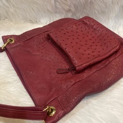 Vintage Ostrich Leather Handbag Red Top Handle Purse 32cm