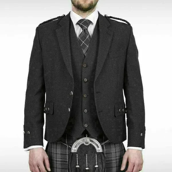 Men’s Argyle Charcoal Kilt Plaid Jacket with Waistcoat size (34″ to 54″)