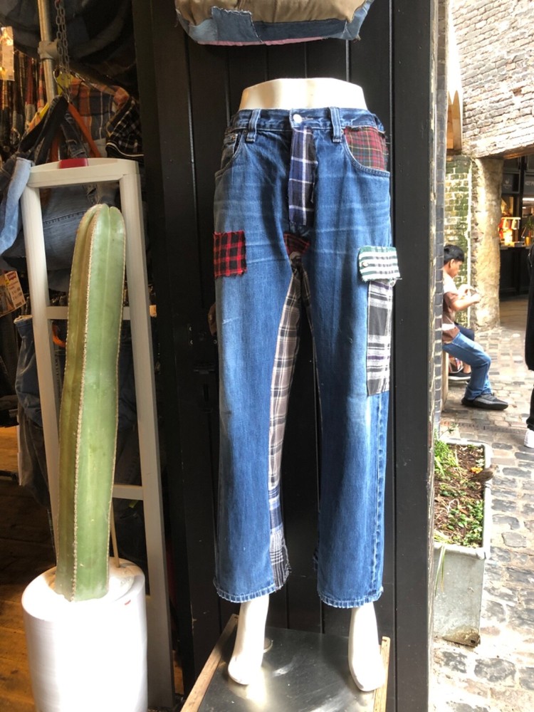 Random Vintage Upcycled Patchwork Flannel Jeans Recycled Mixed Colours Unisex
