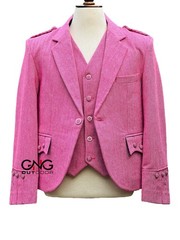 Men’s Scottish Pink Tweed Argyle Style Jacket with 5 Button Vest Size 34′ to 54″