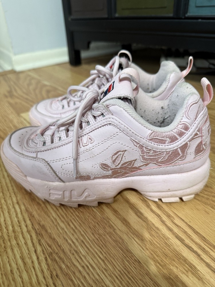 FILA Pink Floral Leather Low Top Lace-Up Women’s Sneakers 5FM00605-650