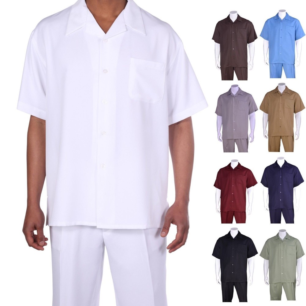 Men’s 2pc Walking Suit Short Sleeve Casual Shirt & Pants Set Solid color 2954