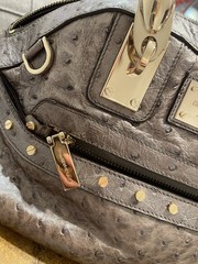 Versace Ostrich Quilted Satchel Top Handle, Braided Handles, Zip, Gold Hardware