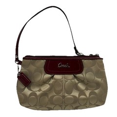COACH Signature Pleated Large Wristlet Khaki Garnet Red Canvas Leather #45808
