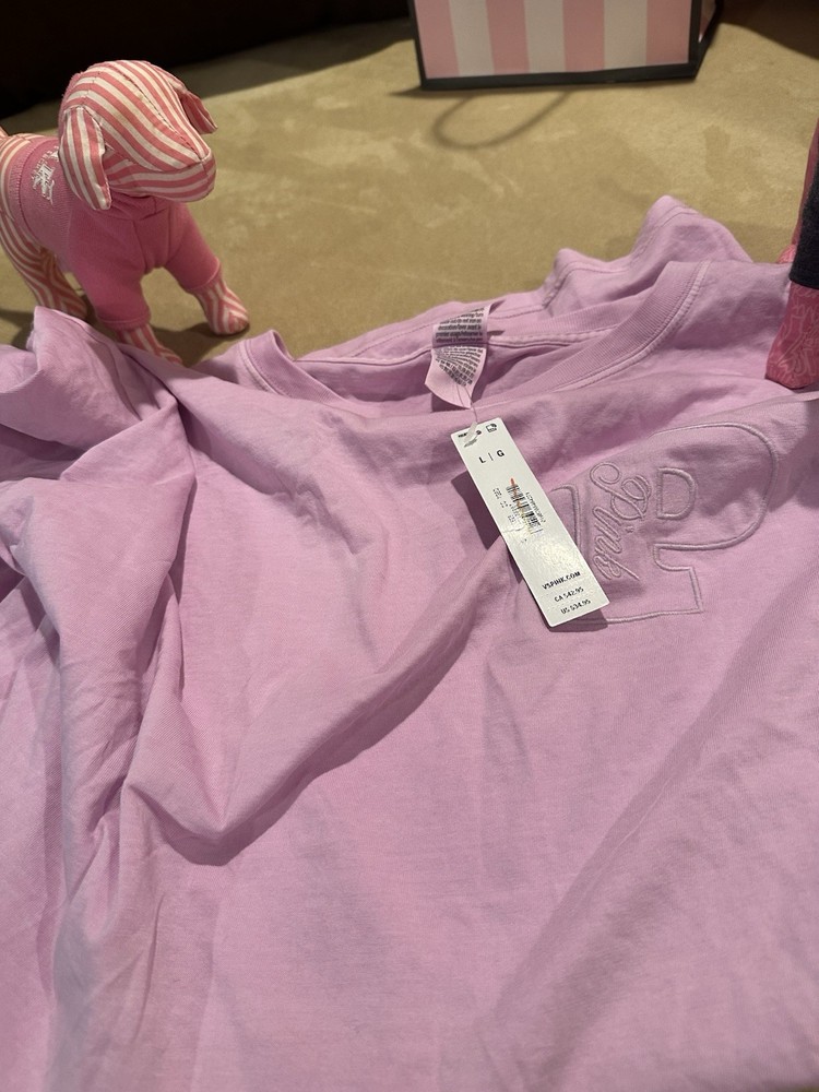 PINK Purple Logo Embroidered Crewneck Fleece Cotton Pullover Sweatshirt L