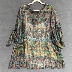 Liz Claiborne Top 3X Green Floral Sheer Button Up Tunic Summer Casual Boho