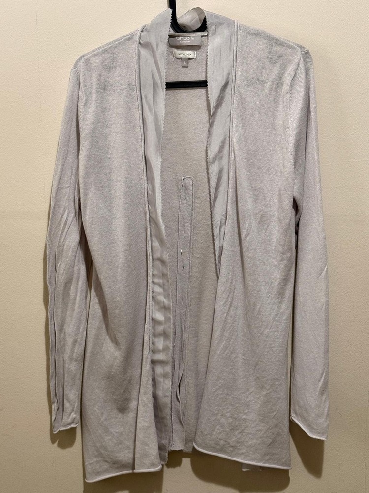 Ghost London Cardigan Size L Grey Linen Blend Open Front Drape Longline Knit
