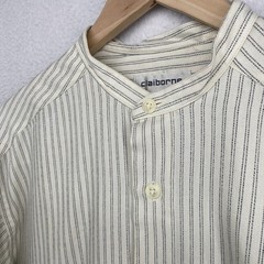 CLAIBORNE Shirt Mens M Striped Band Collar Button Up Long Sleeve Off White VTG