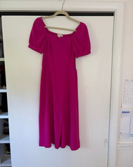 Monteau Los Angeles Pink Smocked Stretch Square Neck Puff Sleeve Midi Dress S