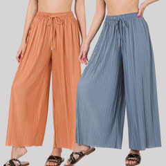1X 2X 3 Wide Leg Pleated Soft Flowing Woven Pants Loose Fit Elastic Waist Zenana