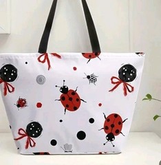 Lovely Ladybug Print Multipurpose Bag , Zippered, Outside Pocket,