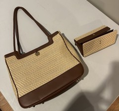 Aigner Woven Tote Bag Beige/Brown Magnetic Closure Coin Purse Gold Hardware