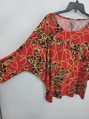 Chicos Top Womens XL 3 Red Black Print Boat Neck Dolman Sleeve Art to Wear Shirt