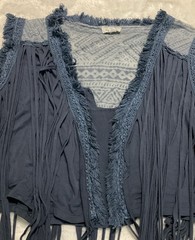 POL Women’s Small Steel Blue Frayed Fringed Vest Southwest Design Shirt Top