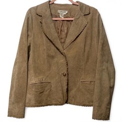 Coldwater Creek Women’s L Brown Leather Button Jacket Scalloped Trim Lined Y2K